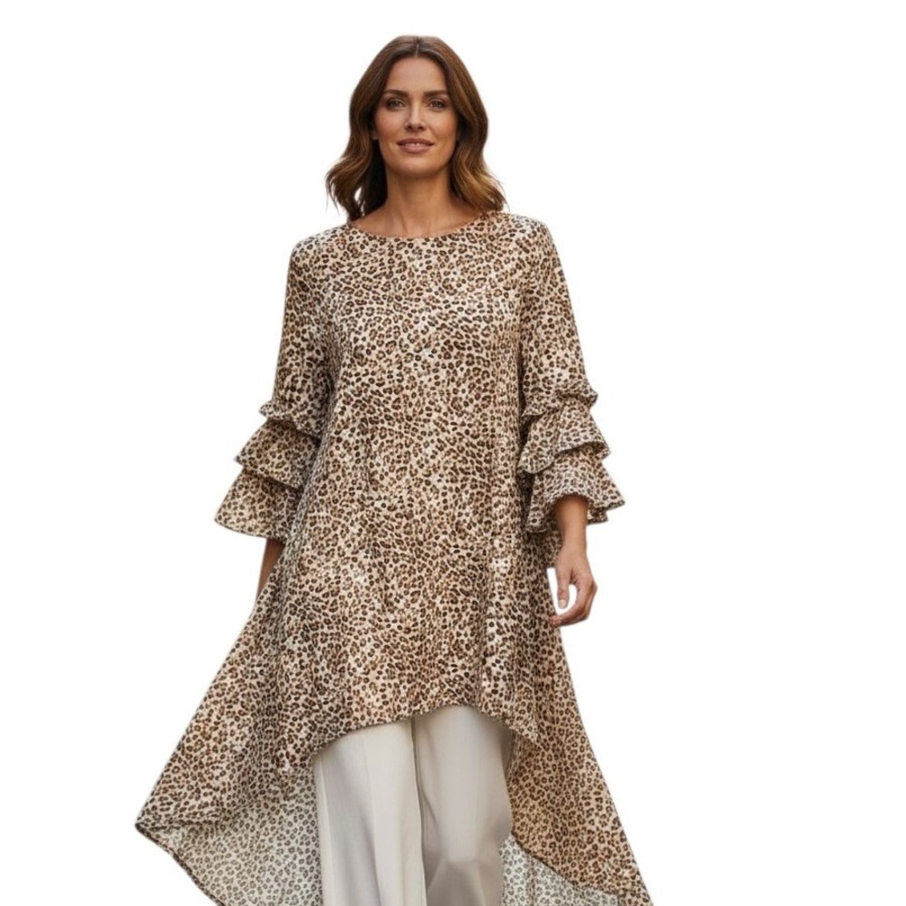 P Luca Milano Hi-Lo Women Large Leopard Wild Maximalist Sleeve Sophisticated Top